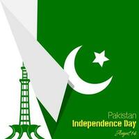 Lycklig pakistan oberoende dag affisch med vikta pakistan flagga i främre av pakistan torn vektor