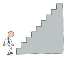 stickman affärsman karaktär bredvid trappan och hopplös vektor tecknad illustration
