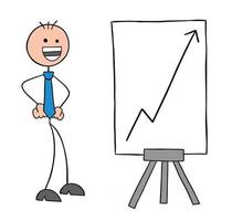 stickman affärsman karaktär med den stigande försäljning diagram och mycket glad vektor tecknad illustration