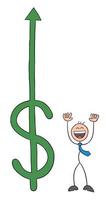Dollar steigt und Strichmännchen-Geschäftsmann-Charakter so glückliche Vektorkarikaturillustration vektor