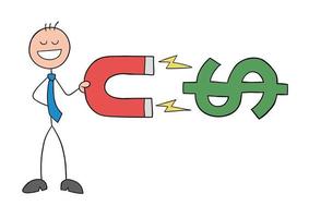 stickman affärsman karaktär har en magnet och lockar dollar vektor tecknad illustration