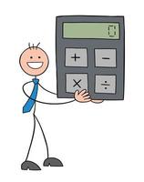 stickman affärsman karaktär innehav miniräknare och leende vektor tecknad illustration