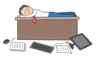 Cartoon-Mann warf den Computer und die Papiere auf den Boden und schläft auf der Schreibtischvektorillustration vektor
