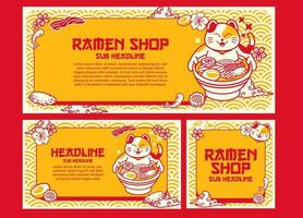 Sammlung von süß Katze Essen Ramen Banner Vektor Illustration