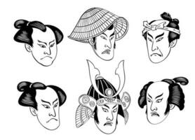 uppsättning av japansk man huvud i edo period teckning stil vektor