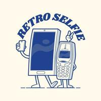 modern och årgång telefoner tar en selfie vektor illustration. teknologi, delning, vänskap design begrepp.