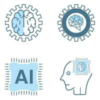 uppsättning av 4 ai ikoner, symboler. uppsättning av fyra artificiell intelligens fodrad symbol blå, cybernetisk, ai, huvud, teknologi vektor, illustration design vektor