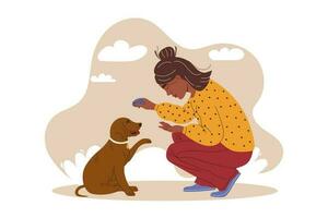 Mädchen Theaterstücke mit ihr Hund mit ein Bürsten Spielzeug. Hund Dental Gesundheit. Eckzahn Zähne Gesundheit Konzept. Vektor Illustration