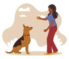 Mädchen Theaterstücke mit ihr Hund mit ein Bürsten Spielzeug. erziehen Bewusstsein von Oral Hygiene zum Hunde. Hund Dental Gesundheit. Eckzahn Dental Pflege und Hygiene Konzept. Vektor Illustration