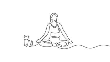 yoga utgör kvinna, ett linje teckning minimalistisk med katt djur. vektor