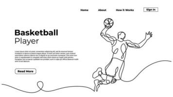 slam dunk stil basketboll spelare, kontinuerlig ett linje konst teckning vektor