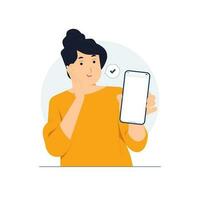 aufgeregt Frau zeigen leer Bildschirm leeren Handy, Mobiltelefon Clever Telefon mit Kopieren Raum und zeigen ihr Index Finger Konzept Illustration vektor