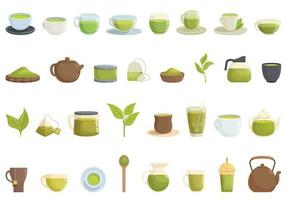 grön te ikoner uppsättning tecknad serie vektor. glas kopp vektor