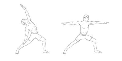 Yoga Krieger posiert oder Virabhadrasana ich und friedlich Variation. Männer üben Yoga zum Balance Verbesserung. Hand gezeichnet skizzieren Vektor Illustration