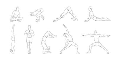Yoga Asana Satz. einstellen von Männer ausüben Yoga Illustrationen. Hand gezeichnet skizzieren Vektor Illustration isoliert auf Weiß Hintergrund