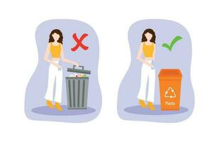 richtig und falsch Beispiele von Müll Entsorgung. Frau werfen aus das Trashright und falsch Beispiele von Müll Entsorgung. Frau werfen aus das Müll vektor
