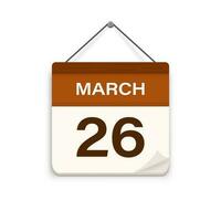Mars 26, kalender ikon med skugga. dag, månad. möte utnämning tid. händelse schema datum. platt vektor illustration.