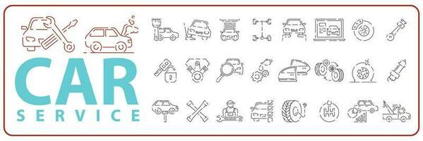 Auto Bedienung Reparatur Linie Symbol Satz. Auto Mechaniker Arbeiten auf ein Auto Symbole. vektor