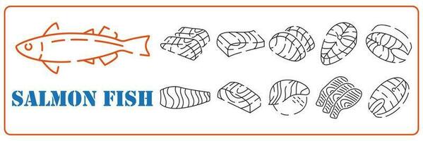 frisch Lachs Fisch Linie Symbol einstellen im dünn Linie Stil. Fisch und Weiß Fleisch Restaurant Vektor. vektor