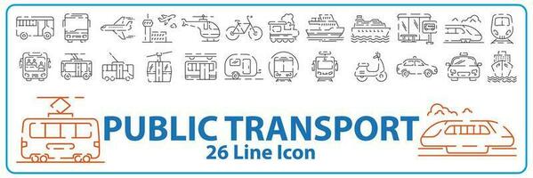 Öffentlichkeit Transport Vektor Linie Symbole einstellen mit Zug, Straßenbahn, Fahrrad, Bus, Auto, Flugzeug, Boot, Hubschrauber, Motor, Kreuzfahrt, Obus, Versand, Flughafen und Mehr der Verkehr Zeichen oder Symbol Reise.