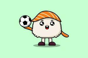 söt tecknad serie sushi karaktär spelar fotboll vektor