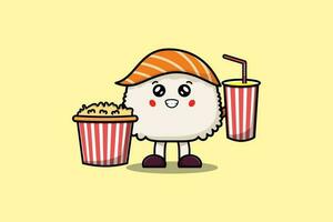 Karikatur Sushi mit Popcorn und trinken Aufpassen Film vektor