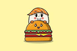 söt sushi tecknad serie karaktär dölja i burger vektor