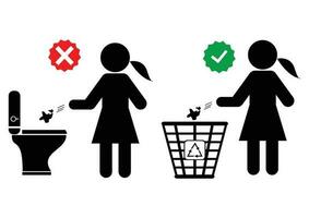 nicht werfen Papier im das Toilette unterzeichnen. Symbol das verbietet werfen Papier Handtücher oder feminin Produkte Illustration. Vektor. vektor