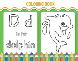 barn alfabet färg bok sida med skisse ClipArt till Färg. de brev d är för delfin. vektor