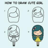 steg förbi steg till dra en söt flicka. teckning handledning en söt flicka. teckning lektion för barn. vektor illustration