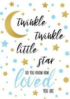 funkeln funkeln wenig Star Text mit süß Gold, Blau Farben zum Junge Baby Dusche Karte Vorlage Vektor Illustration. Banner zum Kinder Geburtstag Design, Logo, Etikett, Zeichen, drucken. inspirierend Zitat