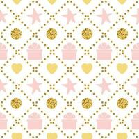 Urlaub Hintergrund nahtlos glücklich Geburtstag Muster mit Geschenk Box sanft Rosa golden Farben. Vektor Illustration. Stoff oder Textil- Design zum Baby oder Mädchen Tuch. Hintergrund wickeln Abdeckung, einwickeln, Paket