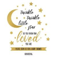 funkeln funkeln wenig Star Text mit süß Gold Star und Mond zum Mädchen Baby Dusche Karte Vorlage Vektor Illustration. Banner zum Kinder Geburtstag Design, Logo, Etikett, Zeichen, drucken. inspirierend Zitat