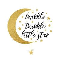 funkeln funkeln wenig Star Text mit süß Gold Star und Mond zum Mädchen Junge Baby Dusche Karte Vorlage Vektor Illustration. Banner zum Kinder Geburtstag Design Logo Etikette Zeichen drucken inspirierend Zitat