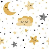 nahtlos süß Kinder Muster süß Baby Sterne und Wolken Mond kreativ Nacht Stil Kinder Licht Rosa Gold grau Farbe Textur zum Stoff Verpackung Textil- Hintergrund Kinder Pyjama Vektor Illustration.