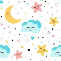 nahtlos kindisch Muster süß Baby Sterne und Wolken Mond kreativ Nacht Stil Kinder Rosa Blau Textur zum Stoff Verpackung Textil- Hintergrund bekleidung Hintergrund Kinder Pyjama Vektor Illustration.