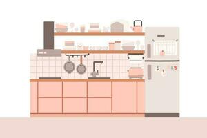 Küche mit Möbel. gemütlich Küche Innere mit Tisch, Herd, Schrank, Geschirr und Kühlschrank. eben Stil Vektor Illustration.