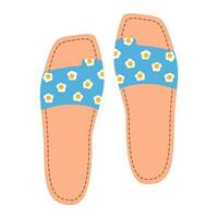 isolerat kvinna sommar blå skor med blommor. eleganta modern design flip floppar. platt hand dragen färgrik vektor illustration på vit bakgrund.