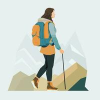 jung Frau Wandern im Berge mit Ausrüstung. Vektor Illustration.