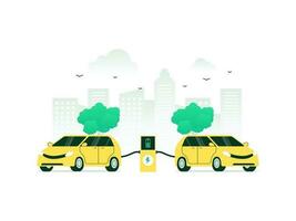 elektrisk fordon laddning med pluggas uttag. grön bilar driven förbi alternativ energi, emitterande noll utsläpp. vektor illustration med minimalistisk Färg.