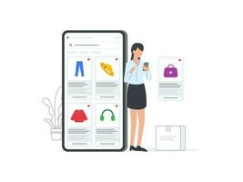 platt vektor illustrationer av kvinnor använder sig av smartphones till skapa önskar listor på e-handel plattformar. perfekt för visa upp handla önskningar och preferenser.