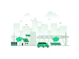 nachhaltig Stadt Leistung mit Grün Infrastruktur Planung. Alternative Elektrizität von CO2-frei Wind Turbinen. Vektor Illustration von ökologisch städtisch Organisation mit minimalistisch Farbe.