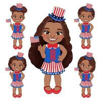 einstellen von amerikanisch afrikanisch Mädchen Porträt feiern 4 .. von Juli Unabhängigkeit Tag mit Kostüm, halten Flaggen, eben Symbol Stil Vektor