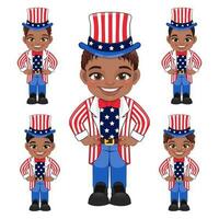 einstellen von amerikanisch afrikanisch Jungs Porträt feiern 4 .. von Juli Unabhängigkeit Tag mit Kostüm, tragen Onkel Sam Hut, eben Symbol Stil Vektor