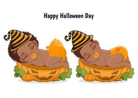 amerikanisch afrikanisch Baby Schlafen auf das Kürbis Schnitt Hälfte im Halloween Thema. eben Vektor Karikatur Design