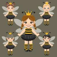 einstellen von süß Mädchen im Biene Kostüm eben Symbol Stil Vektor