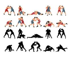 einstellen von Wrestler Silhouetten. Bild von greco römisch Ringen, kriegerisch Kunst, Sportlichkeit vektor