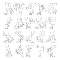översikt skiss 20 silhuetter av kvinna ben. skor stiletter, hög hälar. gående, stående, löpning, Hoppar, dansa vektor