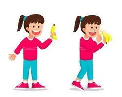 wenig Mädchen schält ein Banane und will zu Essen es vektor