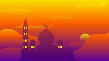 islamisch Landschaft Vektor Illustration. Moschee Landschaft mit Berg Hügel und glänzend Himmel. Hintergrund Landschaft zum Islam Religion und Muslim Glaube. Hintergrund von Design Berg mit Moschee Silhouette